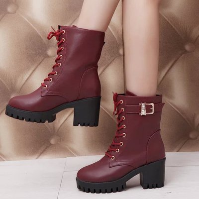 厂家直销2018年秋冬新款纯色女皮靴系带马丁靴防水台女棉靴女鞋子