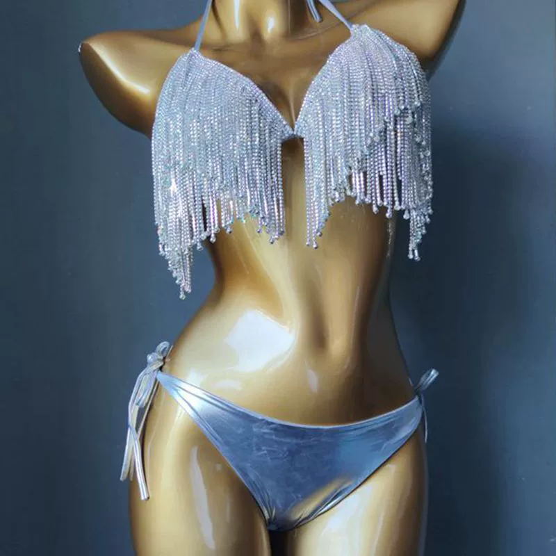 Купальник Bikini Diamond Son с бахромой из страз, металлический (золото/серебро), размеры S–L