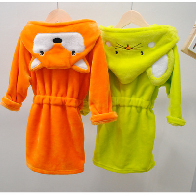 秋冬新款儿童卡通法兰绒男女童睡袍中小童加厚珊瑚绒动物连帽睡衣|ms