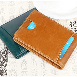 亚马逊RFID真皮美金夹 批发复古男士钱包短款疯马皮防盗钱夹卡包