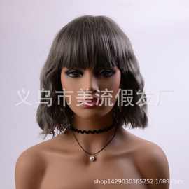 跨境欧美女假发中长卷发短发玉米烫 波浪卷梨花头奶奶灰假发