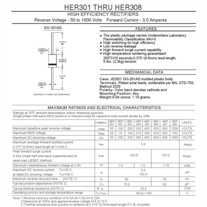 HER307 ультрабыстрая диод рекуперации 3A800V DO-201AD прямая вставка оригинальная точка