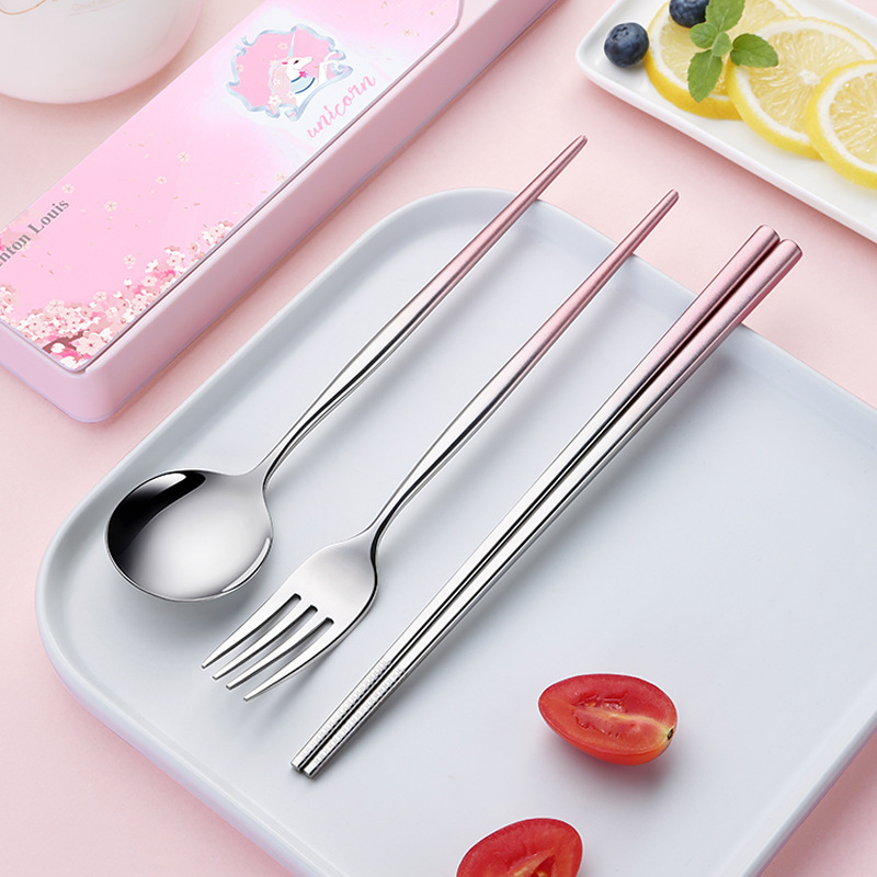 304不锈钢便携餐具套装勺叉筷学生可爱餐具三件套旅行收纳盒送礼