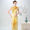 2019新款走秀旗袍黄色立体绣花大码舞台演出旗袍修身中国风厂家|ms