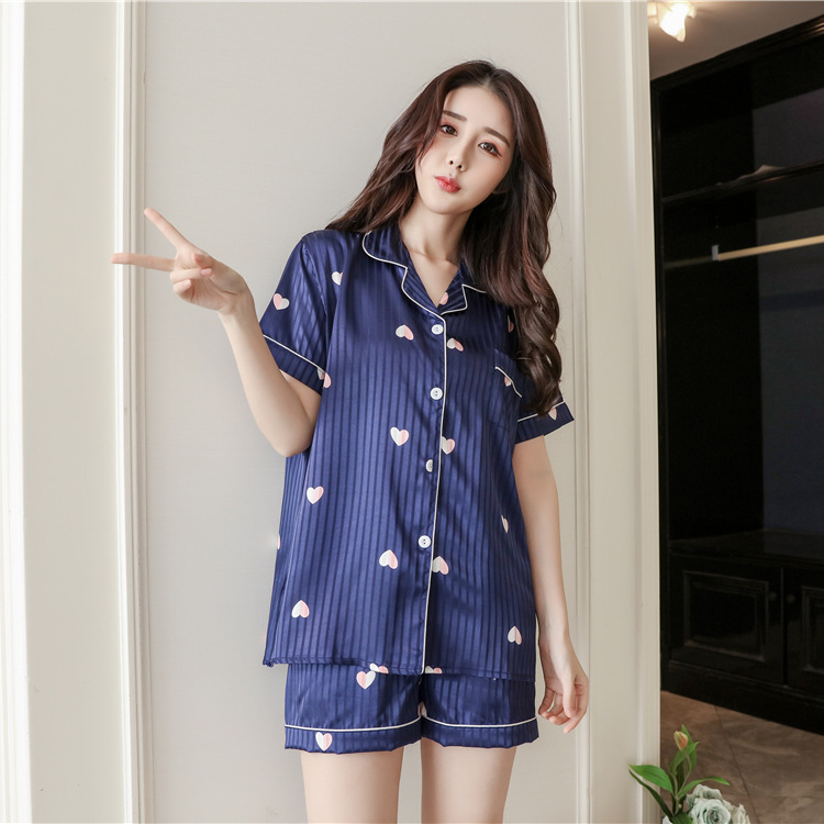 Jacquard weave Silk like pajamas summer Short sleeved Cardigan Lapel Two piece set Home Furnishings suit