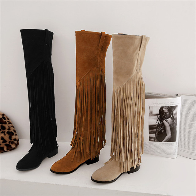 Knee boots European and American fashion sexy fringe women’s boots new boots in autumn and winter