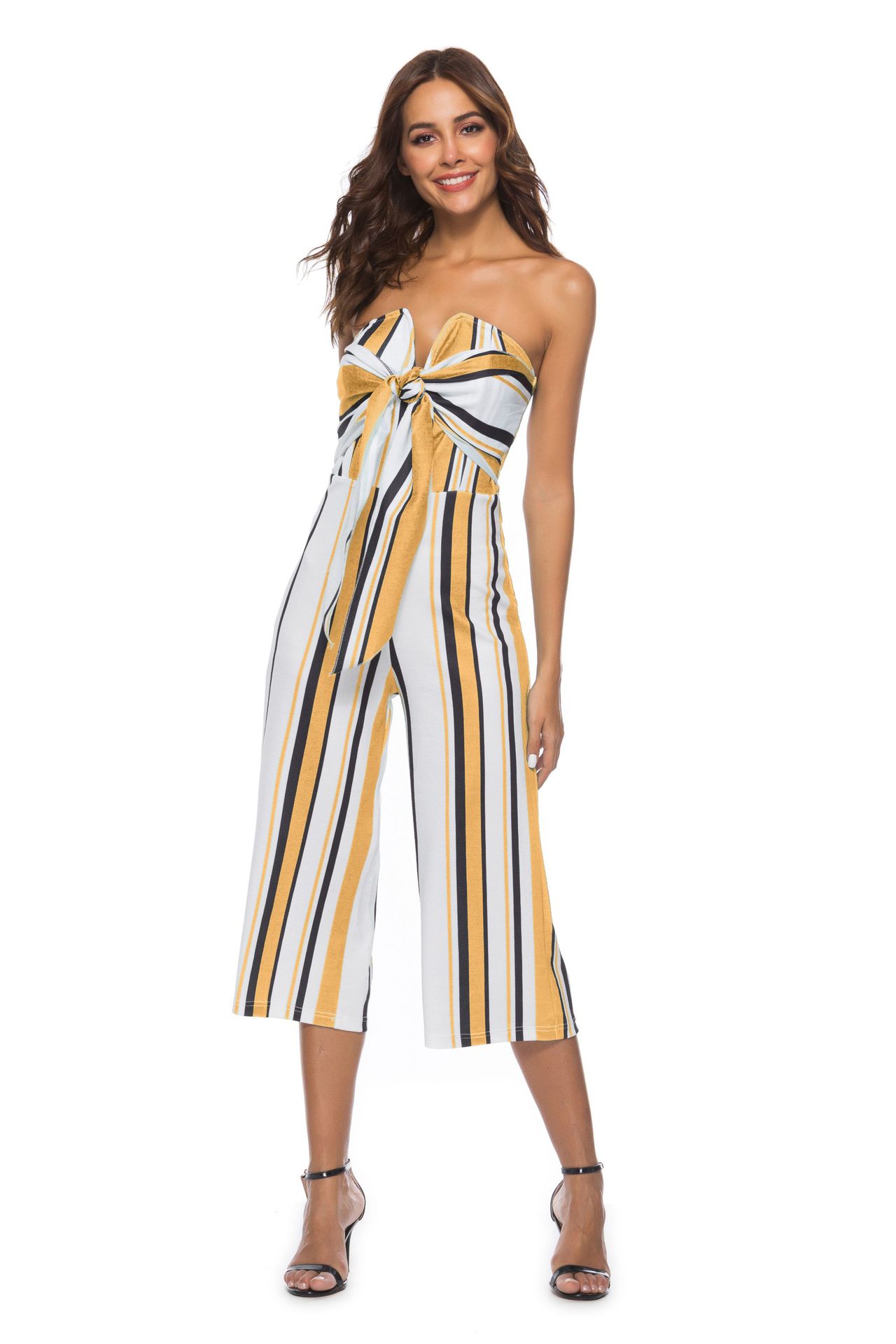 tie bow contrast striped long jumpsuit  NSDY34897