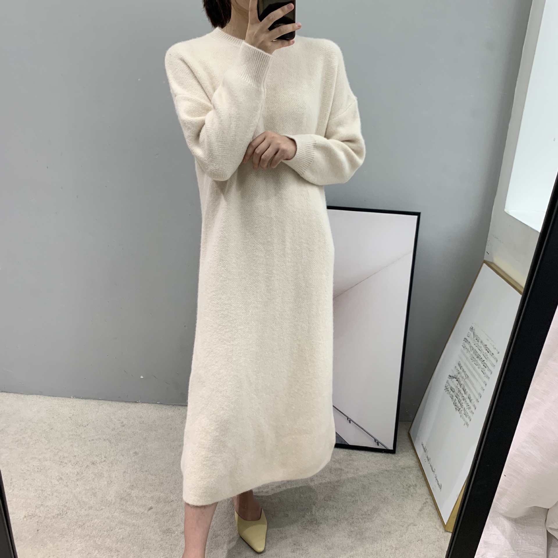 嘉织 8-3019 2020羊驼绒长袖毛衣裙 韩版针织纯色中长款连衣裙