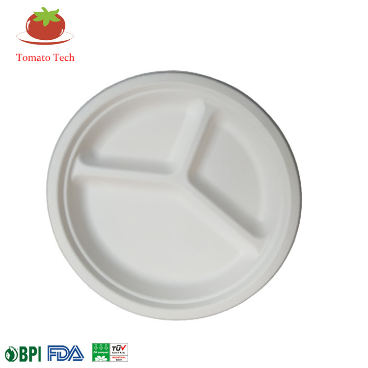 10寸3格甘蔗浆竹浆一次性环保全降解餐具三格圆形餐盘可堆肥圆盘