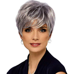 Directly approved by the manufacturer, wig foreign trade hot-selling new style, gradient silver gray, women's short hair wig, oblique bangs wig