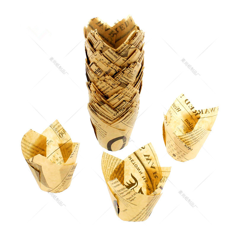 Pastel taza de papel europeo importado de calidad alimentaria resistente a altas temperaturas Cupcake periódico dorado tulipán titular de papel para hornear