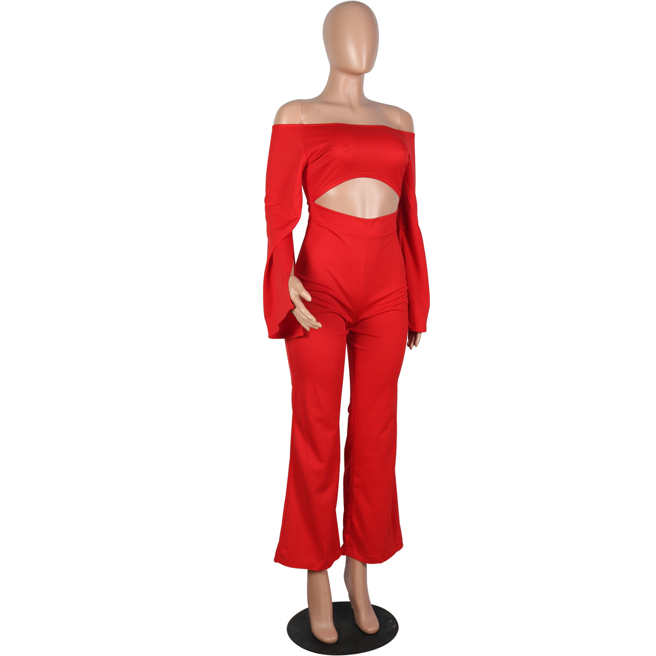 Boutique Casual Solid Color Long Sleeves Cropped off Shoulder Jumpsuit