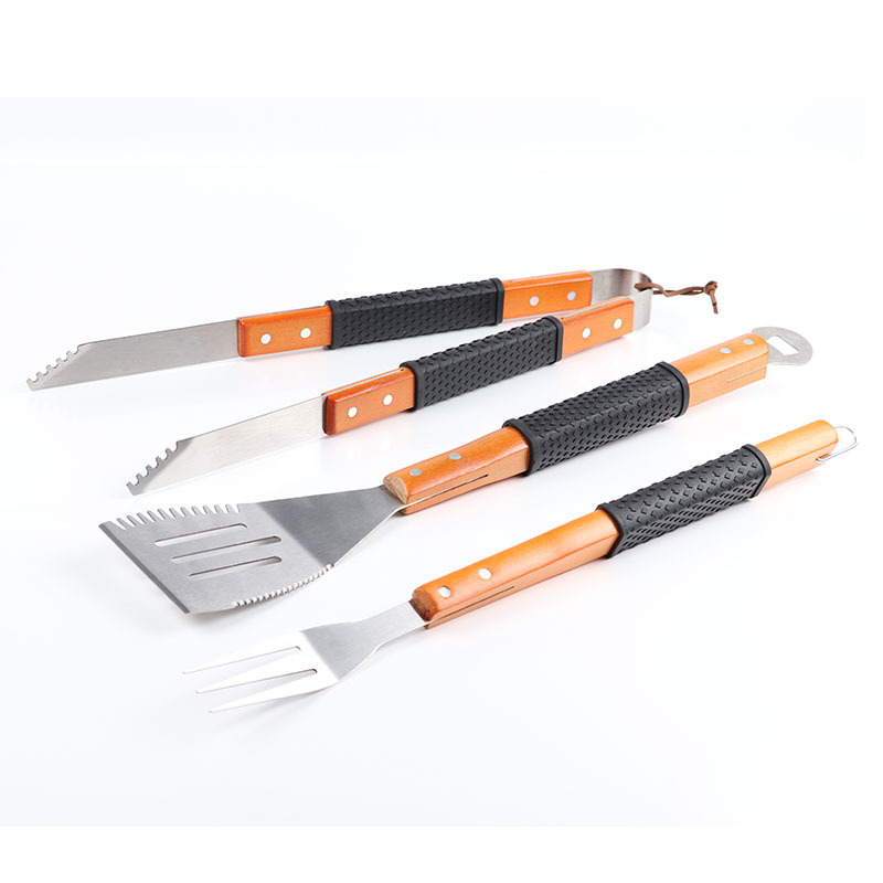 Directo de fábrica barbacoa traje de combinación de acero inoxidable tenedor pala clip de tres piezas mango de madera con pala de goma manga para hornear