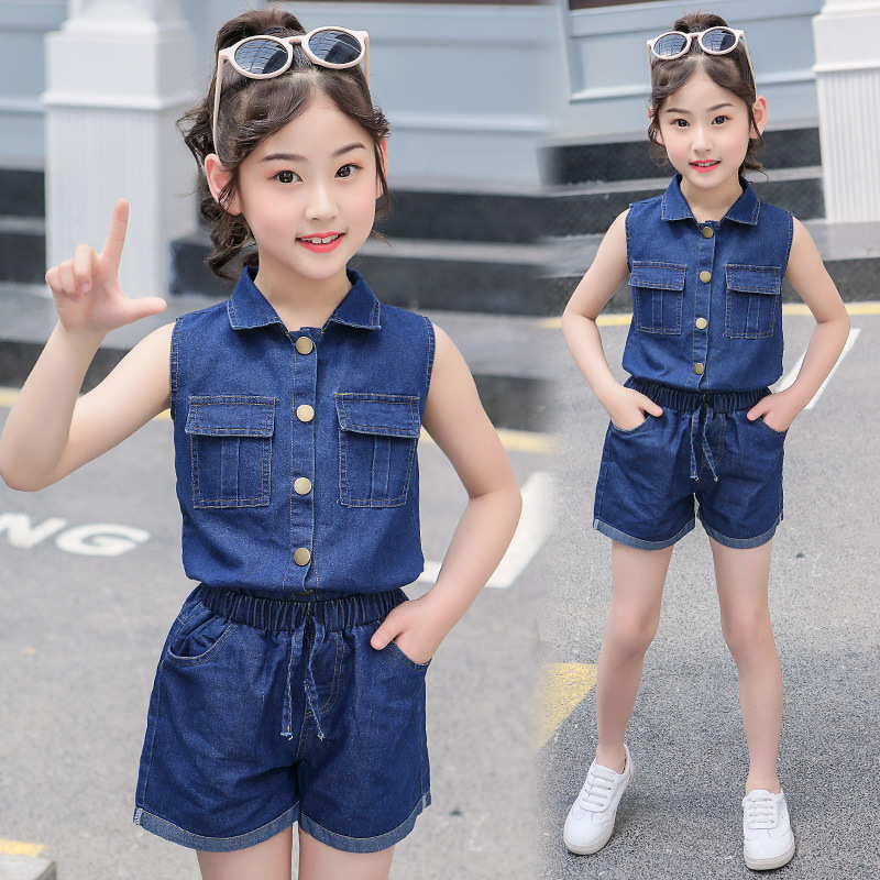 2019夏季新款韩版女童牛仔短裤套装中大童时尚两件套潮外贸童装
