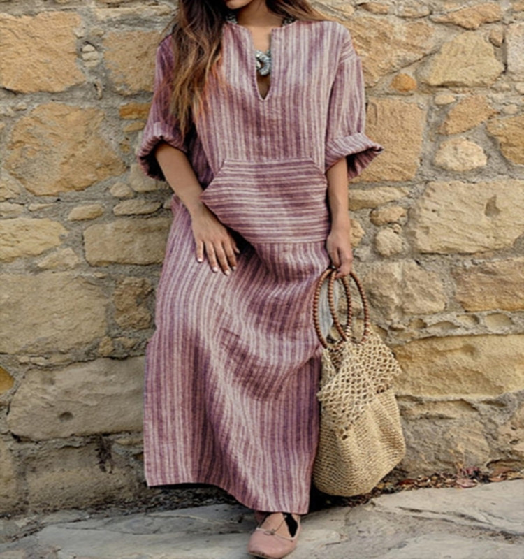 232g Weight Maxi Long Dress Dress Length Type 3/4 Length Sleeve Sleeve Length Regular Dress Dresses Type Regular Sleeve Sleeve Type Linen Fabric Type Mid Waist Waist Line Holiday Occasion V Neck Neckline Regular Fit Fit Type Stripe Pattern Summer Season Women'S Gender Patchwork Design Simple Style Style Wholesale Women'S Simple Style Patchwork Stripe Holiday V Neck 3/4 Length Sleeve Regular Dress