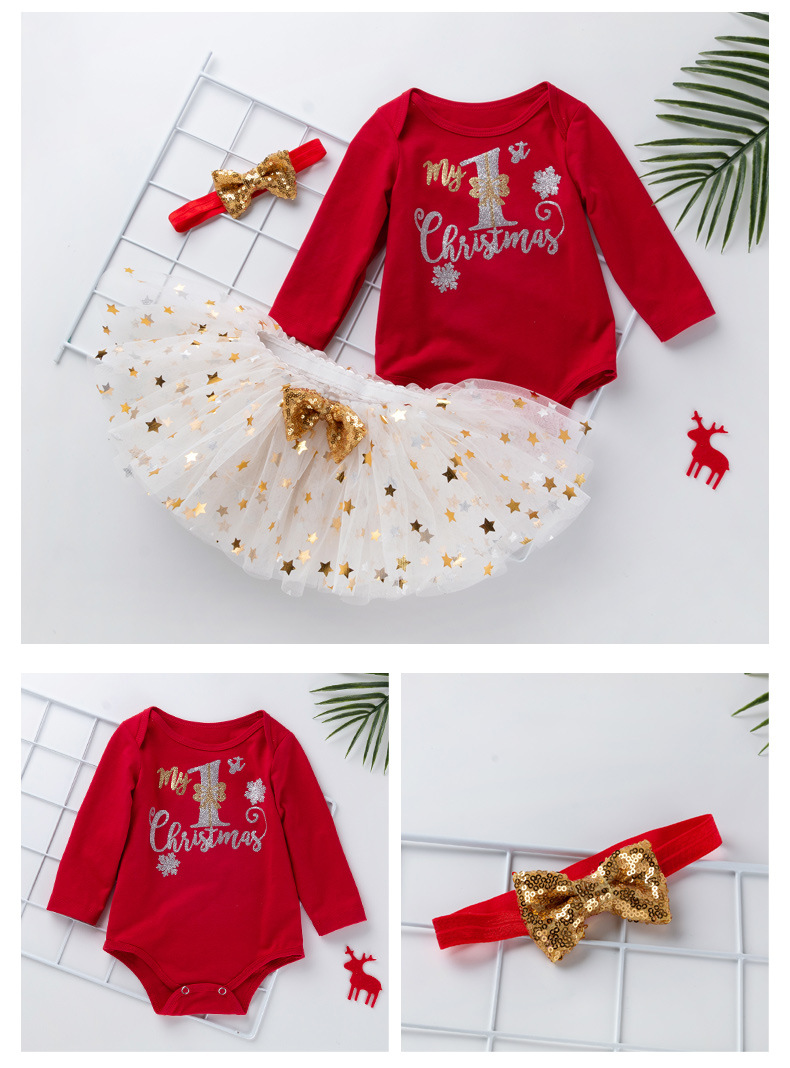 Children Christmas Baby Set Autumn Long Sleeve Romper+Tutu Skirt+Headwear 3 Pcs