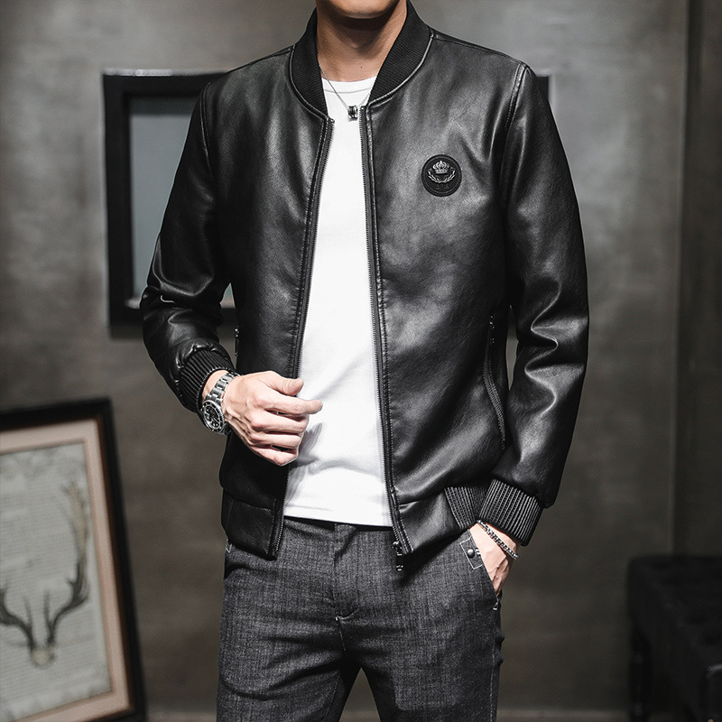 2019皮衣修身休闲加绒潮流男式夹克秋装时尚男士PU皮衣夹克男