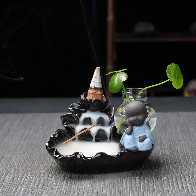  ceramic backflow incense burner (zisha) with xiao monk, flowing water design, home & office