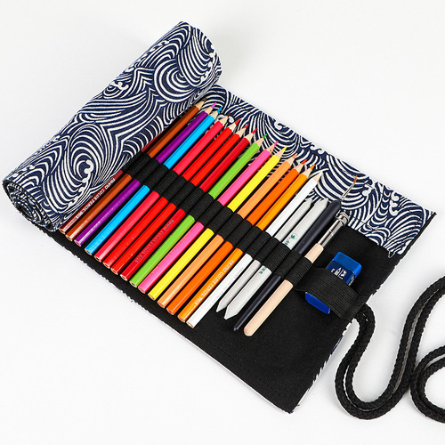 Small wave and wind print canvas pen pouch, 24, 36, 48, 72 holes large capacity rolling pencil case sketch colored pencil box