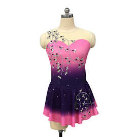 定制儿童成人花样滑冰服女童表演服装比赛考级裙子渐变粉紫烫钻02