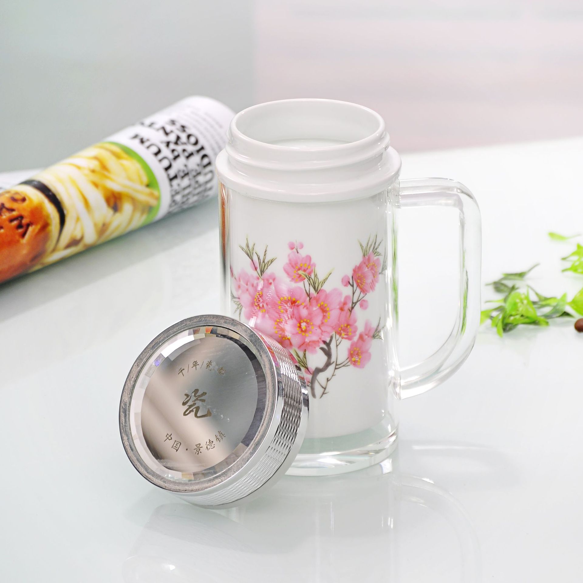 商務辦公杯雙層陶瓷保溫杯骨瓷內膽創(chuàng)意禮品定制商務禮品水點桃花