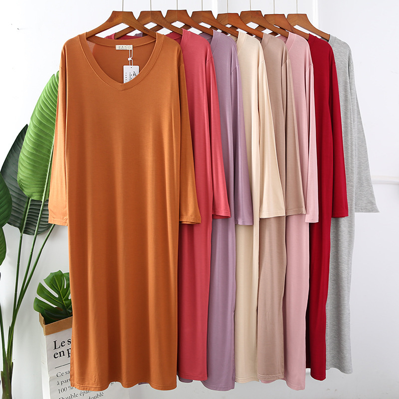 Spring and Summer Long-Sleeved Nightgown for Women Modal Cotton Long Skirt Fat m Loose V Neck Lazy Style Pajamas Dress Home Clothes Spring and Summer Long-Sleeved Nightgown for Women Modal Cotton Long Skirt Fat m Loose V Neck Lazy Style Pajamas Dress Home Clothes