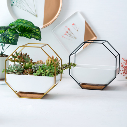 Nordic creative iron ceramic flowerpot simple geometric metal bracket set succulent green plant potted ornaments