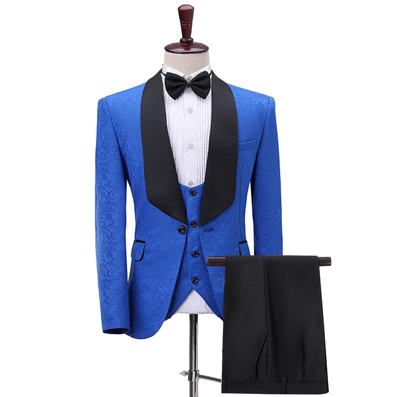 men's jazz dance suit blazers Jacquard Dress Vest three piece suit for blueberry collar singer stage performance