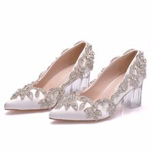 7厘米水晶透明方粗跟單鞋水鑽婚鞋年會表演舞台禮服長裙鞋綢緞絲