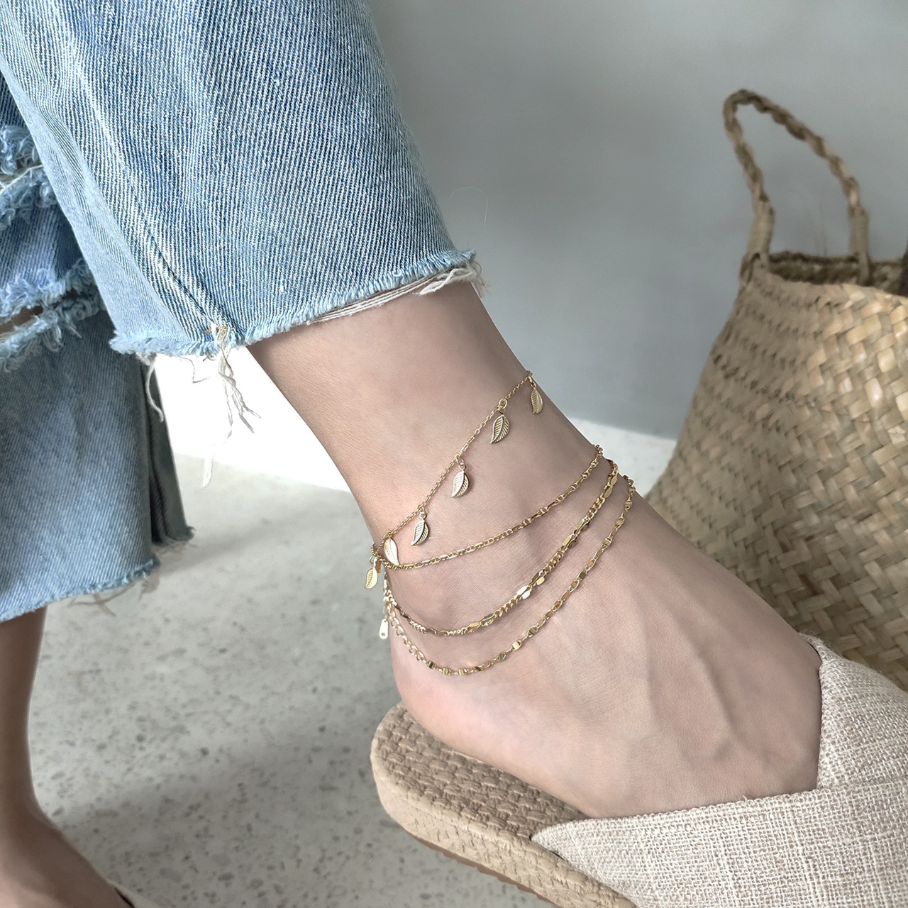 韓國韓版簡約百搭925純銀夏日葉子樹葉腳鏈銀飾品網紅同款小衆INS