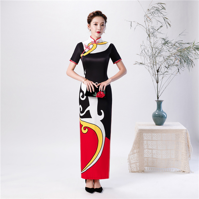 新款旗袍长款收腰秋季中老年走秀舞台大码年会演出旗袍厂家定制|ms