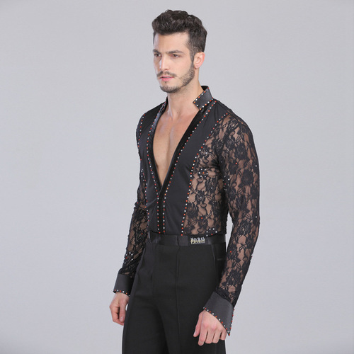  Men's lace rhinestones latin dance body shirts long sleeves v neck ballroom waltz tango dance body tops 