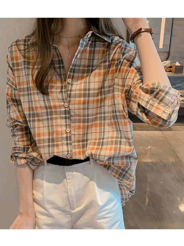Клетчатая рубашка Женская Ранняя осень новый ретро Гонконгский стиль легкий зрелый топ с длинными рукавами свободный дизайн смысл ниша рубашка куртка