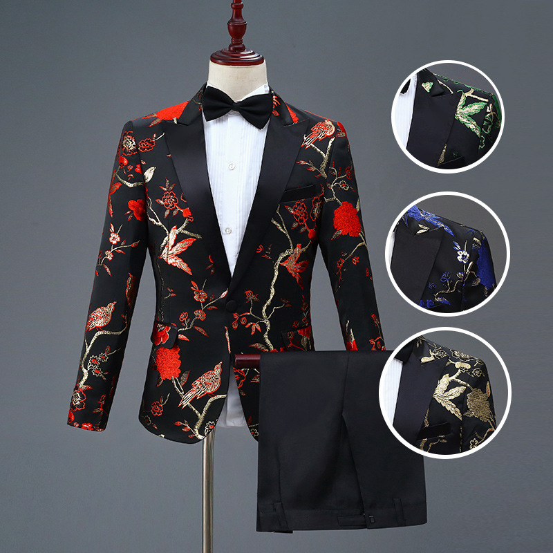 New Black Embroidered Men's Single-Breasted Suit Set for Stage Performances, Emcee, Host, Performance Attire, Slim Fit