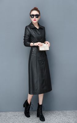 現貨#2021春秋新款PU皮衣女時長款韓版翻領長袖皮衣外套壹件代發