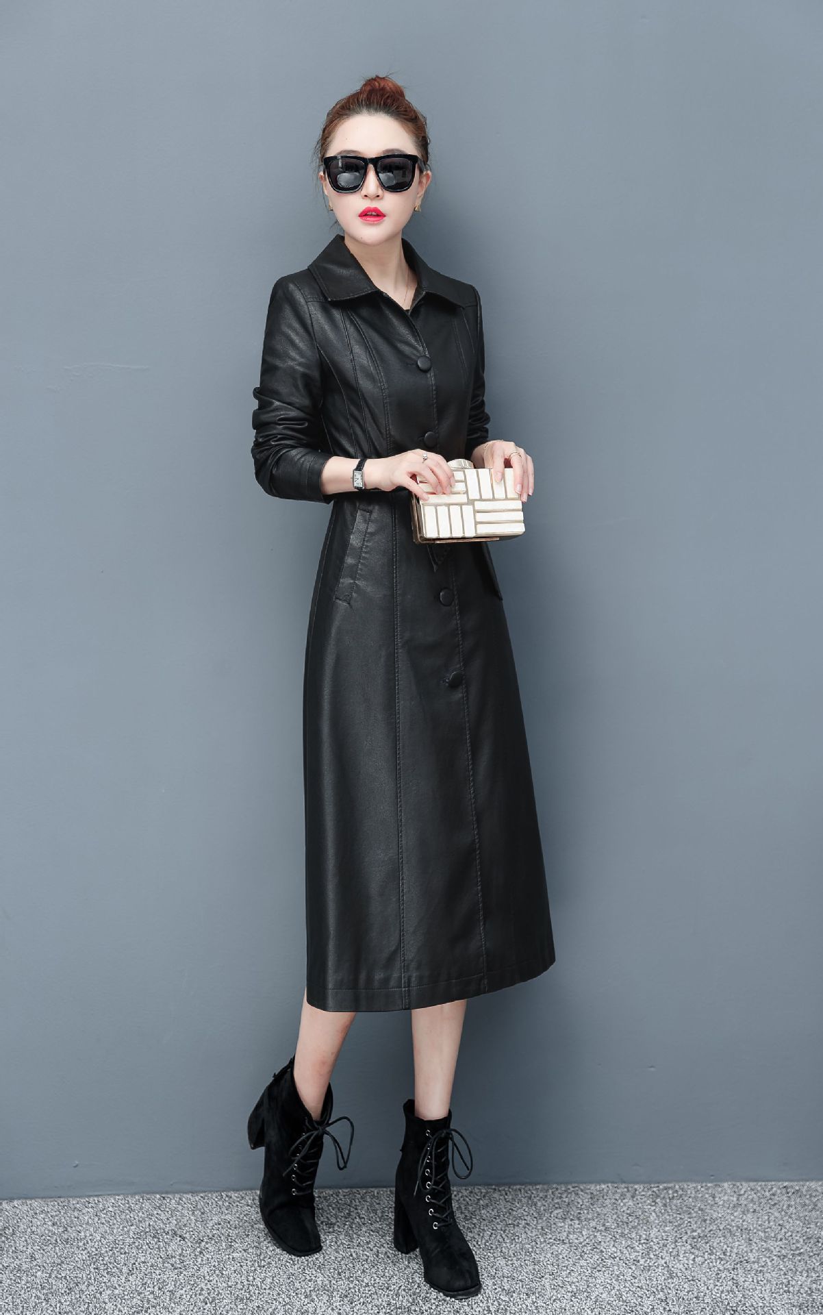 現貨#2021春秋新款PU皮衣女時長款韓版翻領長袖皮衣外套壹件代發