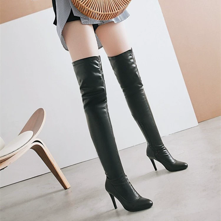 Ботинки, осенне-зимние сапоги до колен с острым носком, 48 модных сапог, черные высокие сапоги для похудения, женская обувь больших размеров для волос