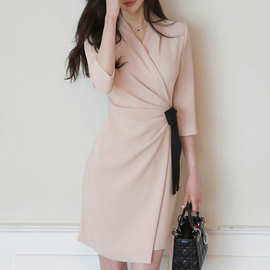 秋冬新款性感系带蝴蝶结包臀裙中长款修身七分袖宴会礼服裙连衣裙