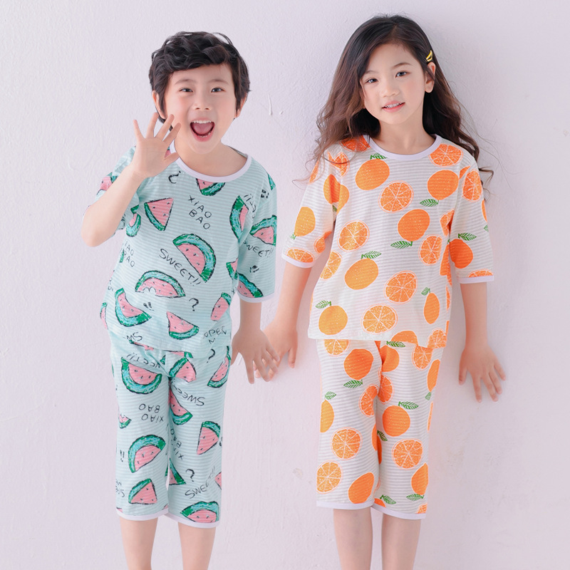 微商爆款 纯棉七分袖套装韩国时尚条空调家居服儿童中袖 厂家直销