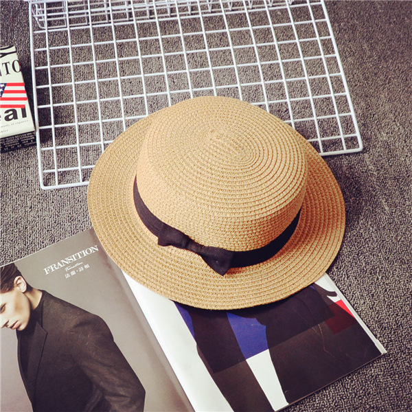 夏季蝴蝶结平顶草帽 亲子礼帽 成人儿童通用夏季太阳帽|ru