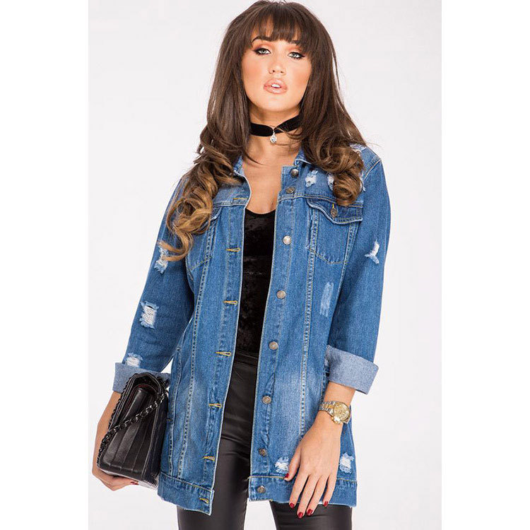 Mid-Length Ripped Dark Blue Denim Jacket NSWL79024