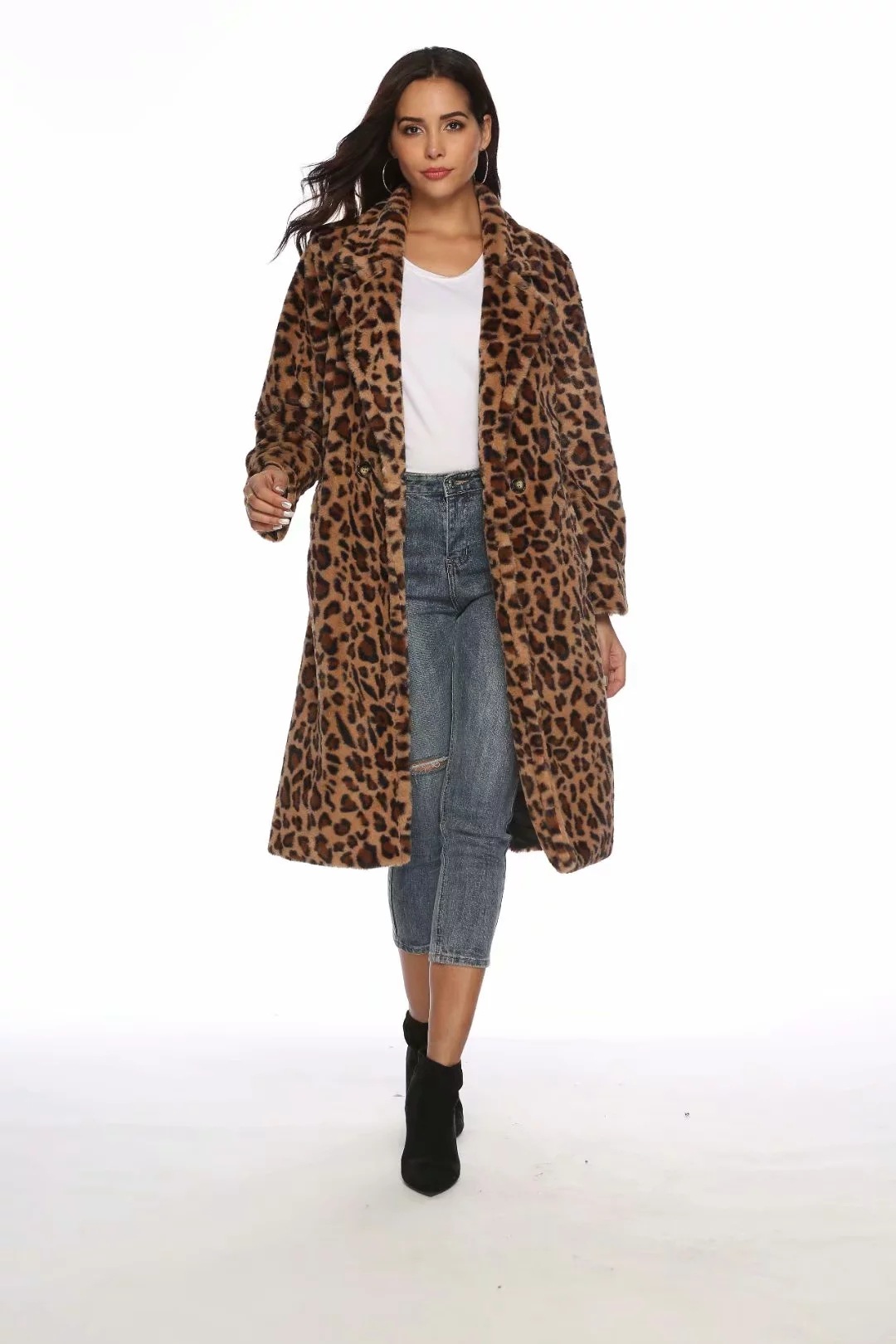 跨境 速卖通 eBay 新款欧美女装 长款豹纹仿皮草大衣外套时尚百搭