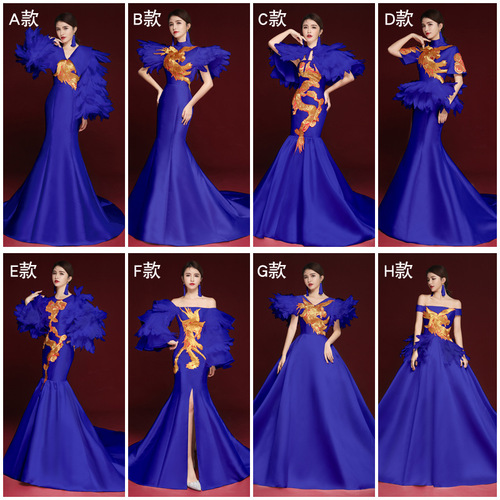 Women Chinese dresses China qipao dresses evening dress royal blue feather singers host performance dress women stage show exaggerated cheongsam