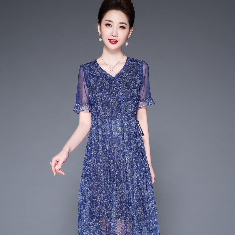 妈妈夏装短袖连衣裙中老年女阔太太裙子洋气大码中年高贵2019新款|ms