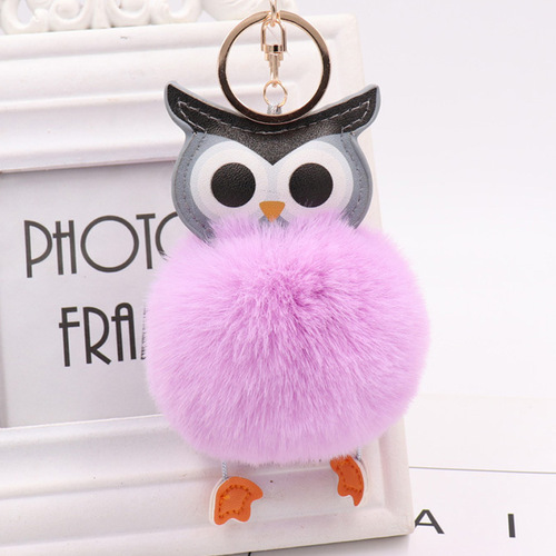 Cute owl fur ball keychain PU leather cartoon plush doll pendant bag car pendant gift