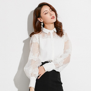 Autumn Hollow Blouse Lantern Sleeve Embroidered Ogen Yarn Shirt 