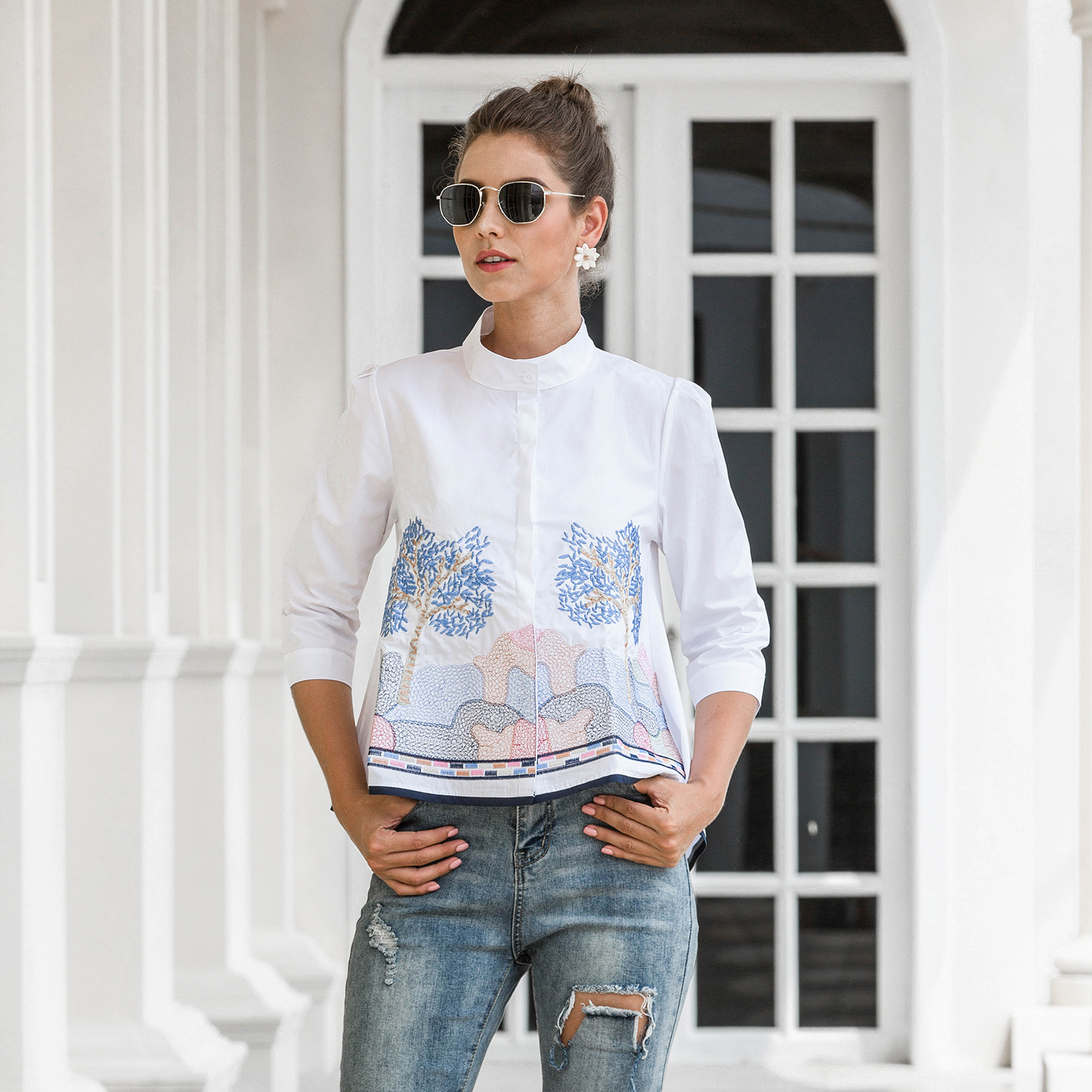 Embroidered Three-quarter Sleeve Shirt  NSMY15929