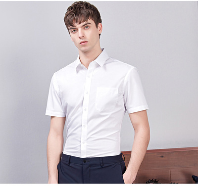 夏季新款男短袖襯衫高棉方領韓版彈力白襯衣純色商務休閑修身上衣