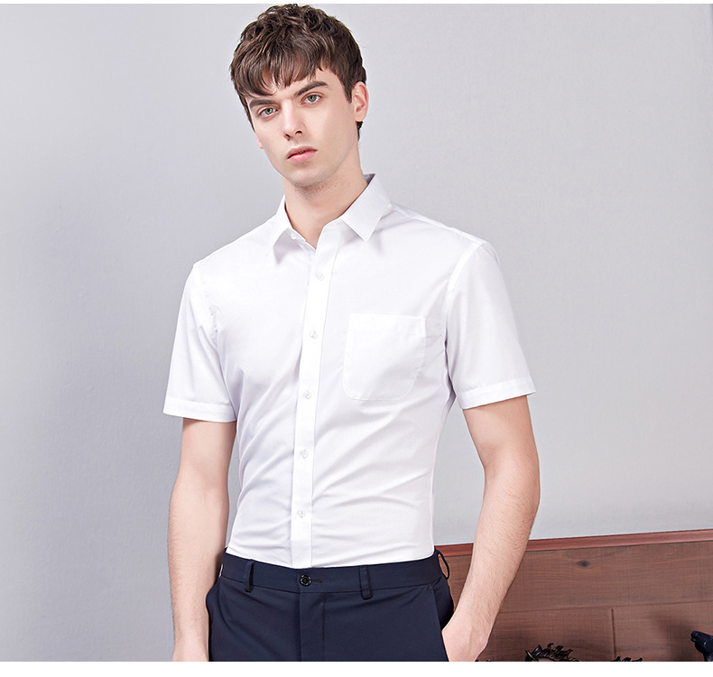 夏季新款男短袖襯衫高棉方領韓版彈力白襯衣純色商務休閑修身上衣