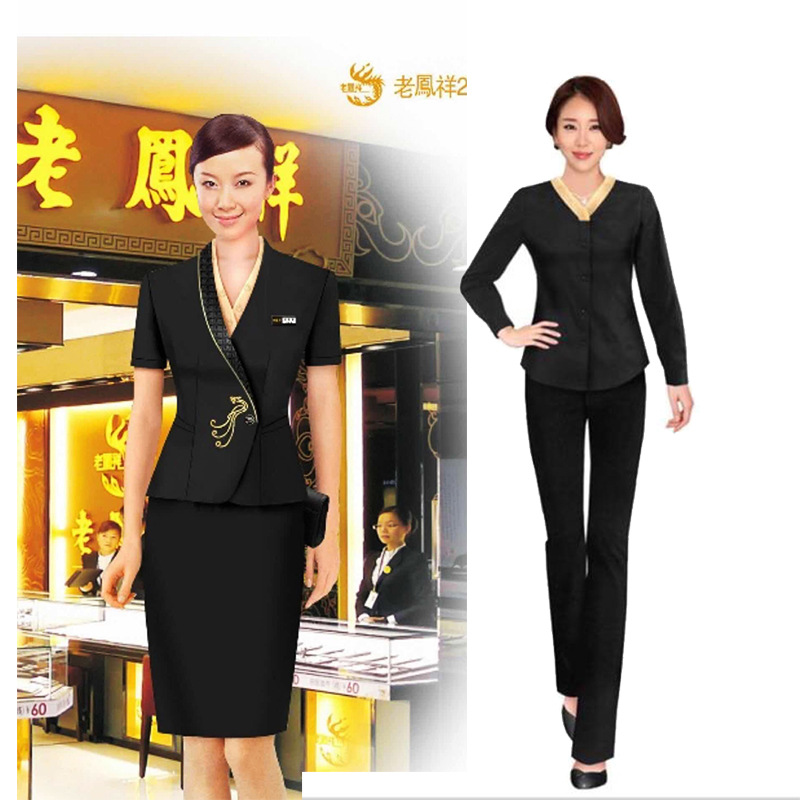 老鳳祥工作服女夏季短 定制珠寶金店營業員收銀工衣職業女褲套裝